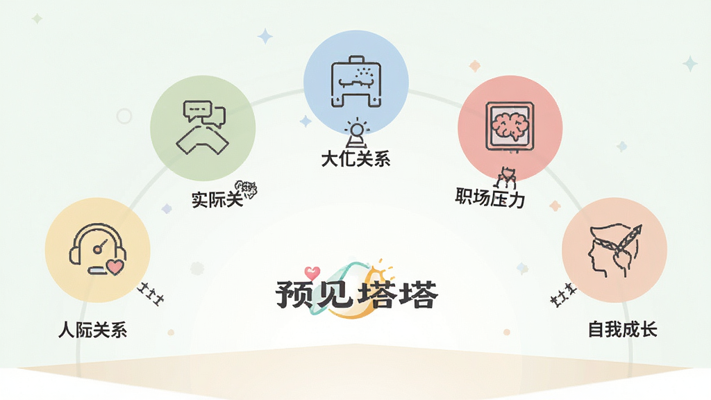 画面主体为多个圆形主题图标排列成弧形,图标分别代表人际关系、职场压力、情感困惑、自我成长等主题,每个图标下方有简短文字标签;布局为弧形环绕构图,中心位置放置“预见塔塔”软件标志;排版整齐,图标大小统一;风格为清新扁平化设计,色彩柔和;细节包括图标内的简笔线条图案、弧形底部的浅色阴影;画质高清,干净,无多余元素