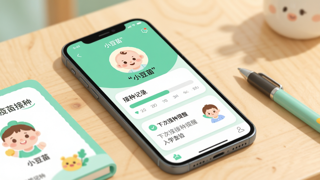 画面主体是一部智能手机,屏幕上显示小豆苗应用首页界面,包含宝宝头像、疫苗接种进度条和下次接种提醒卡片;手机斜放在浅色木质桌面上,旁边摆放一本儿童疫苗接种证和一支笔;布局采用居中构图,手机占据画面主体,背景虚化处理;风格为清新明快的扁平插画风,色调以薄荷绿和暖白为主;细节上屏幕内文字加引号标注“小豆苗”“接种记录”“入学查验”,图标圆润可爱;画质高清,画面干净,无多余元素