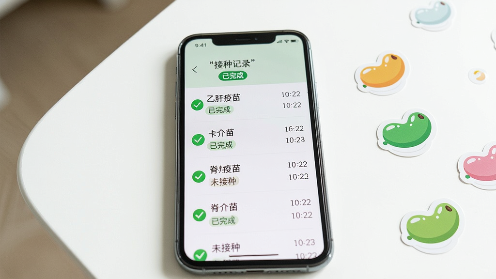 一部手机屏幕显示小豆苗接种记录页面,列表清晰排列着乙肝疫苗、卡介苗、脊灰疫苗等条目,每条记录带有绿色对勾和日期;手机平放在白色桌面上,旁边散落几颗彩色小豆苗卡通贴纸;布局为手机特写居中,背景简洁;风格为清爽UI展示风,色调以白、绿为主;细节上屏幕文字加引号标注“接种记录”“已完成”“未接种”;画质清晰,画面干净,无多余元素