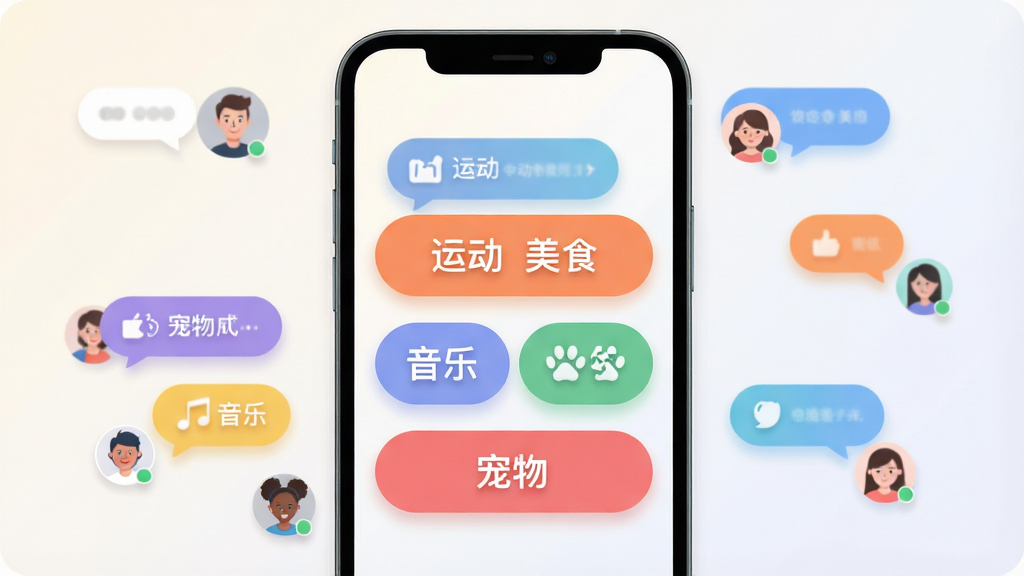 һ��չʾ�����İ���Ȥ��ǩ���ܵ���ͼ����������Ϊһ���ֻ���Ļ����Ļ�ڳ��ֶ����ɫ��Ȥ��ǩ��ť��