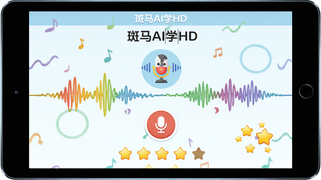 ����AIѧHD Ӣ������������棬����Ϊƽ����Ļ��ʾ��˷�ͼ���뷢������ͼ������Ϊ�Ϸ���ʾ�������ӡ��м�Ϊ¼����ť���·�Ϊ�Ǽ����ֽ�����Ű������������������Ϊ���¶�ͯ����UI��ϸ�ڰ�����ɫ������������ͨ��˷硢�������ֶ��������ʸ���ɾ�������������Ԫ�أ���Ļ����ʾ����