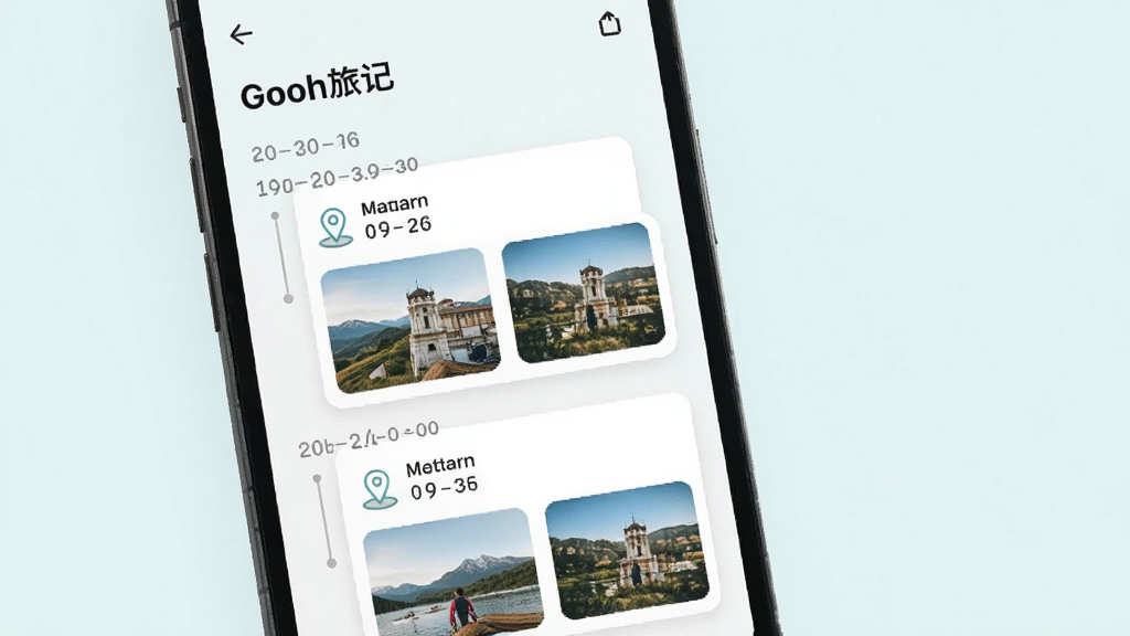 �ֻ���Ļչʾ��Gooh�üǡ�ʱ����ҳ�棬�������ж�����ڷ��飬ÿ�����ж����г̿�Ƭ����Ƭ�ϴ��еص�ͼ�ꡢʱ����������Ƭ����ͼ������Ϊ���ǳɫ�������Ű����룬������£����ʸɾ����޶���Ԫ��