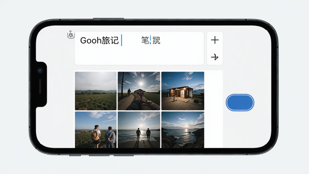�ֻ���Ļ��ʾ��Gooh�üǡ�ͼ�ıʼǱ༭���棬�Ϸ�Ϊ�������������·�Ϊ�Ź�����Ƭ����ͼ���У������Ҳ��б��水ť������Ϊǳ�Ұ�ɫ������࣬�Ű����������ʸɾ����޶���Ԫ��