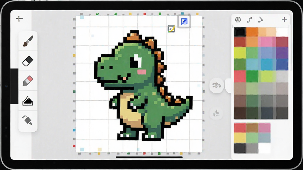 һ��չʾPixelBoard���ػ���Ӧ�ý���Ľ�ͼ����������Ϊƽ�������Ļ����Ļ�����Ǵ��������ߵ����ػ����������ϻ�����һ���ɰ�������С���������Ϊ�������������ʡ���Ƥ������ͼ�꣬�Ҳ�Ϊ��ɫ����壬���岼�ָɾ����࣬���Ϊ�ִ���ƽ��UI��ƣ�ϸ�ڰ������ؿ��������ԵĻ�����ɫ�����޵ĵ�ɫ�壬��������������ɾ����޶���Ԫ��
