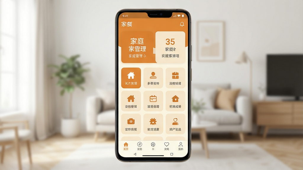 һ��չʾ��APP��������ֻ���Ļ��Ⱦͼ������������һ��������׿�ֻ�����Ļ�ڳ��ּ�APP��ҳ���֣�������ͥ������Ƭ������ͼ��������ײ���������������ů��ɫ���װ�ɫΪ��ɫ��������Ϊ�������ڼҾӳ����黯��������������ִ���ϸ������չʾͼ���������Ű棬���ʸɾ��������޶���װ��Ԫ��