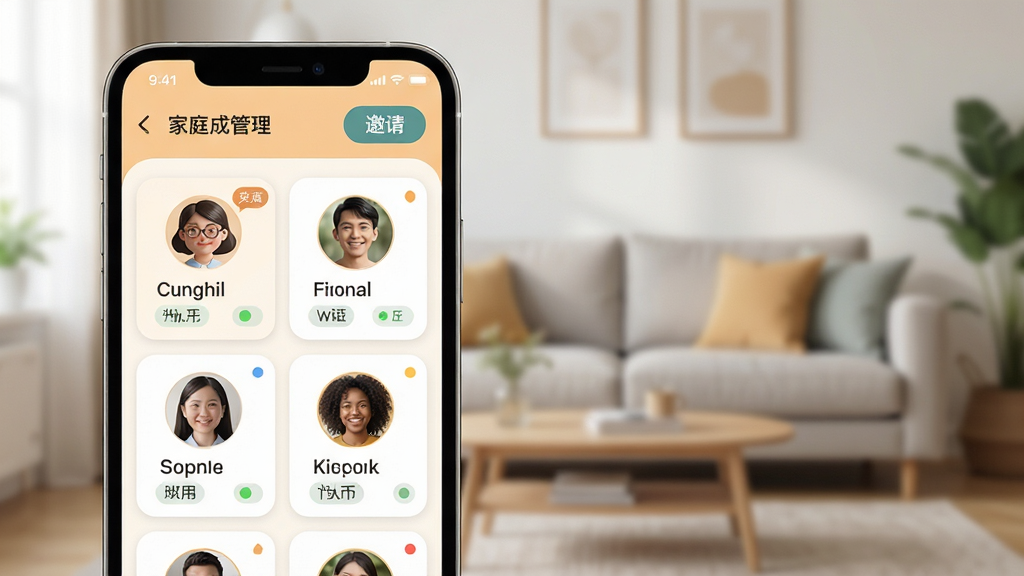 �ֻ���Ļչʾ��APP��ͥ��Ա����ҳ�棬���������ж����ͥ��Աͷ��Ƭ��ÿ�ſ�Ƭ���н�ɫ��ǩ������״̬��ʾ�������м�ͥ�����������밴ť���������Բ�ǿ�Ƭʽ��ƣ���ɫ��ů������Ϊ���ľӼҿ����黯���������������ɾ����Ű�����