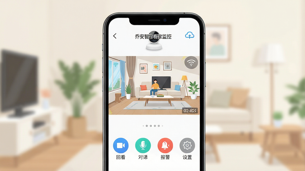 ����������һ�������ֻ�����չʾ��ͥ���APP���棬��Ļ����Ϊ��������ͷʵʱ���棬�����·����лؿ����Խ��������������ĸ�����ͼ�꣬����Ϊǳɫ�Ҿӻ����黯���������ֲ��þ��жԳƹ�ͼ���Ű������������Ϊ�ִ��Ƽ��б�ƽ�廭��ϸ�ڰ�������ͷ�豸��WiFi�źű�ʶ��ʱ��ˮӡ���ƴ洢Сͼ�꣬���ʸ���ɾ����޶���װ��Ԫ�أ������пɼ������֡��ǰ����ܿ��Ҽ�ء���Ϊ����չʾ