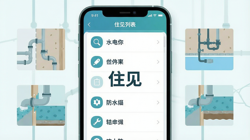 һ��չʾס������ʩ��Ҫ����ʾ���ܵĻ��棬�ֻ���Ļ�ڳ���ס��Ӧ�õ�Ҫ�б�ҳ�棬��Ŀ��ͼ��Ӷ̾���ʽ���У��Ա�����ˮ����ߡ���ˮͿ���ʩ��ϸ�ڵļ�ʾ��ͼ������Ϊ��ˬ��ʸ���廭�����ɫ��Ϊ����ɫ�����ֹ��������ʸɾ�������Ԫ�أ���������ɼ���ס��������