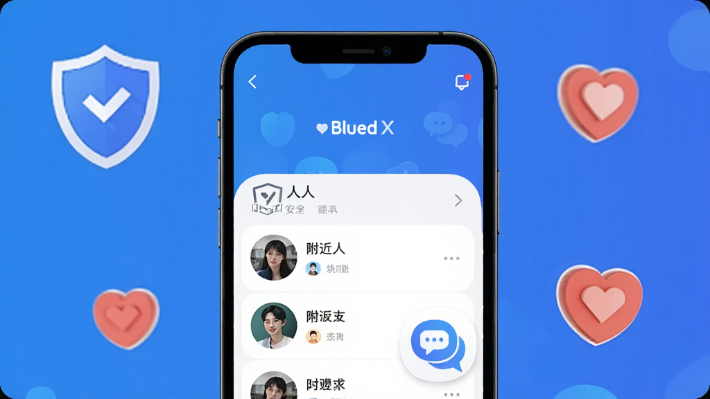 �ֻ���Ļ����չʾBlued XӦ�������棬��ɫ���䱳��������������������б�����������ͼ�꣬��Χ���ƶ����밮�ķ��Ŵ�����ȫ���ѣ����岼�ּ��Գƣ���ƽ��UI���ϸ�����������廭�ʣ��ɾ��޶���Ԫ��