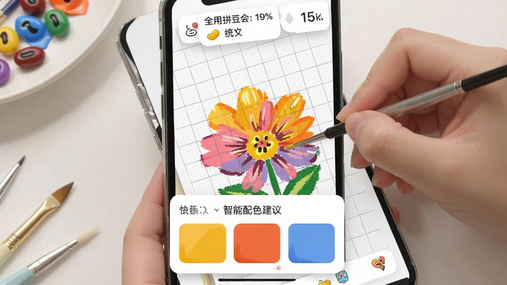 ȫ��ƴ�������ɻ��ƽ��棬�ֻ���Ļ��ʾ���񻭲������ڻ���һ���ɫ����ͼ�����ײ�����������ɫ�������չʾ�����Ƽ�ɫ�飬�����Ϸ���ʾ���ö�������ͳ�ƣ���������ˬ��ϸ�ڷḻ�����ʸɾ�