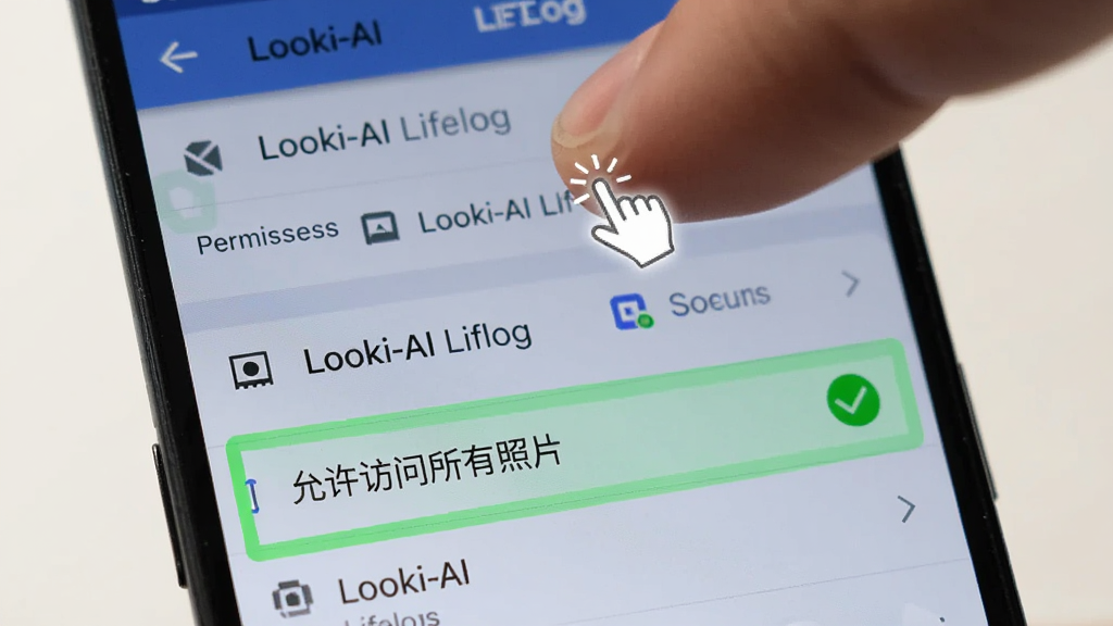 һ����׿�ֻ���Ļ��д����ʾ Looki-AI Lifelog ��Ȩ�����ý��棬�������������ġ���������������Ƭ��ѡ�������עΪ��ɫ��ѡ״̬����Ļ�Ϸ�����ָ���ڵ���Ķ���Ч�����������ֻ�ϵͳ���ý����ģ���黯��������ʵ�������������������ɾ�����Ӱ