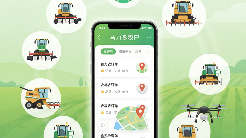 ����������һ�������ֻ�����Ļ����ʾ��������ũ���������������棬��������ũ�������б��͵�ͼ��λͼ�꣬�ֻ���Χ���������������ո����ֲ�����˻���ũҵ��е�ı�ƽ��ͼ�꣬����Ϊ�ֻ����С���еͼ��ʻ��ηֲ����Ű������������Ϊ�ִ���ƽ���廭�磬ϸ�����ֻ���Ļ������͹��Ρ�ũ��ͼ������Բ�󡢱���Ϊǳ��ɫũ�･�䣬���ʸ��塢�ɾ����޶���Ԫ��