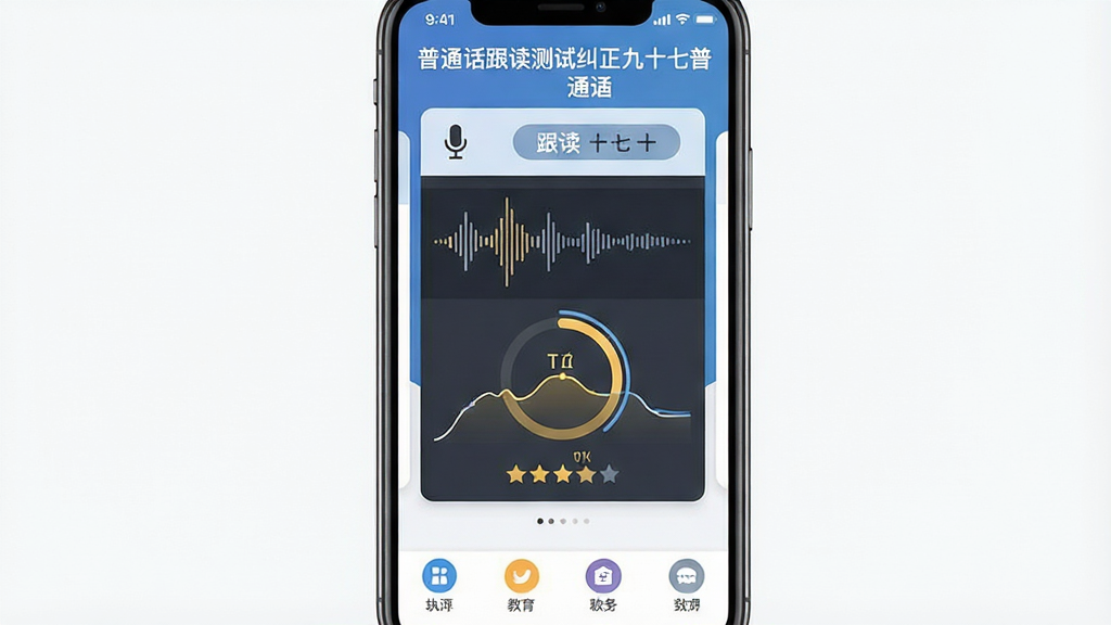 一张手机界面展示普通话跟读测试纠正九十七普通话软件首页,主体为居中排列的练习卡片与跟读按钮,布局上顶部为软件名称“普通话跟读测试纠正九十七普通话”,中部为示范音波形与评分圆环,底部为功能入口图标,排版清爽,风格为现代扁平化教育类APP界面,细节包含麦克风图标、声调曲线、评分星级,画质高清、干净、无多余元素