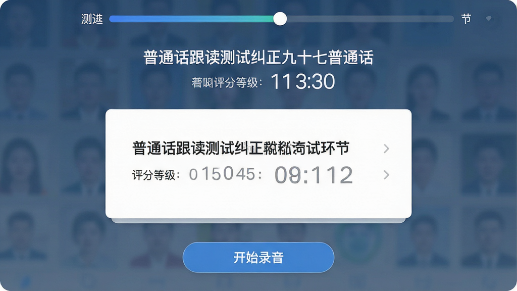 一张普通话跟读测试纠正九十七普通话软件模拟测试页面的展示图,主体为居中的考试环节列表与计时器,布局上顶部为测试进度条、中部为题目卡片、底部为开始录音按钮,排版规范,风格为简约商务教育类界面,细节包含“普通话跟读测试纠正九十七普通话”字样、评分等级与倒计时数字,画质高清、干净、无多余元素