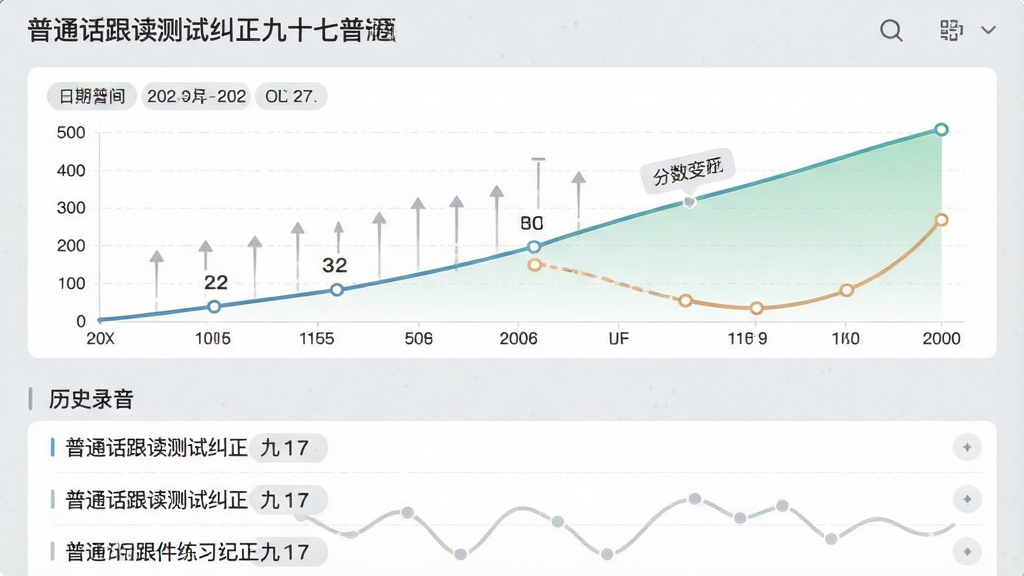 一张普通话跟读测试纠正九十七普通话软件练习记录页面的展示图,主体为居中的成长曲线图与历史录音列表,布局上曲线图在上、记录条目在下,排版清晰,风格为浅灰质感教育类界面,细节包含“普通话跟读测试纠正九十七普通话”名称、日期标签与分数变化标记,画质高清、干净、无多余元素