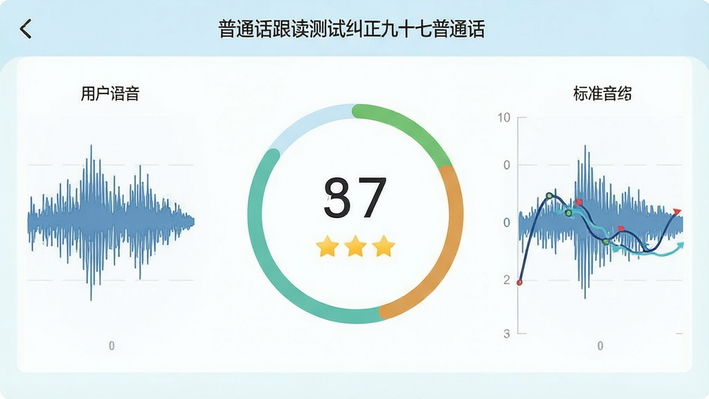 一张普通话跟读测试纠正九十七普通话软件评分结果页面的展示图,主体为居中的评分圆环与声调曲线对比图,布局上左侧为用户发音波形、右侧为标准音波形,排版上下分层,风格为清新浅色教育类界面,细节包含分数数字、星级标识与“普通话跟读测试纠正九十七普通话”字样,画质高清、干净、无多余元素