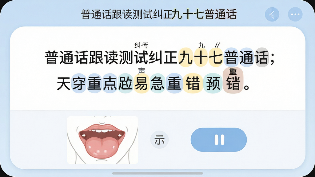 一张普通话跟读测试纠正九十七普通话软件逐字纠音界面的展示图,主体为居中的句子文本与高亮标注的易错字,布局上文本下方为舌位示意图与慢速播放按钮,排版简洁,风格为柔和圆角教育类界面,细节包含“普通话跟读测试纠正九十七普通话”名称、声调标记与重读提示,画质高清、干净、无多余元素