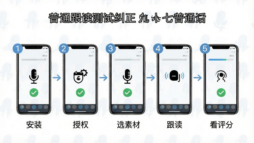 一张普通话跟读测试纠正九十七普通话软件新手操作流程示意图,主体为居中的手机屏幕与步骤编号,布局上从左到右依次为安装、授权、选素材、跟读、看评分五个环节,排版横向流程式,风格为简约教学示意图,细节包含“普通话跟读测试纠正九十七普通话”名称、麦克风图标与对勾标记,画质高清、干净、无多余元素