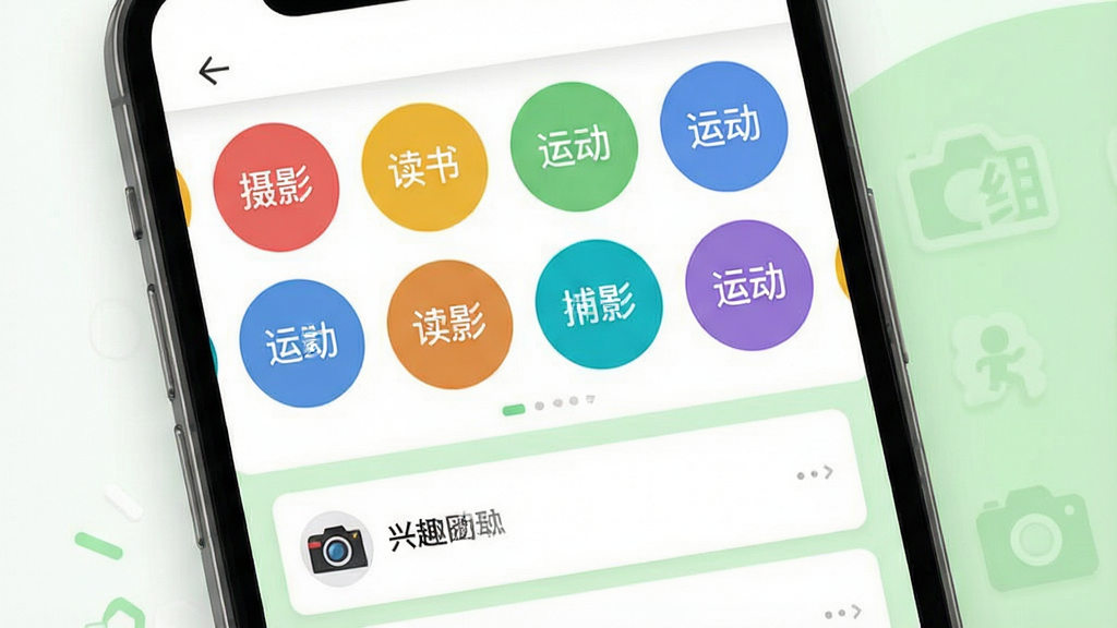 һ��ȦȦ ��ȤȦ�鹦�ܽ��棬�ֻ���Ļչʾ�����ɫԲ�α�ǩ��ɵ���Ȥ����ǽ��ÿ����ǩ��д�С���Ӱ�������顱���˶������������·�ΪȦ�鶯̬��Ƭ�б�������Ϊ��ɫ��ǳ��ɫ���䣬����������죬�����������򣬻���ɾ�������Ԫ�أ����廭��