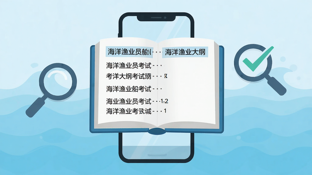 一本展开的电子书悬浮在手机屏幕上方,书页中显示海洋渔业船员考试大纲的章节列表,旁边配有放大镜与勾选标记图标,背景为浅蓝色海洋波纹,扁平化矢量风格,主体居中布局,文字清晰,画质干净,无多余元素