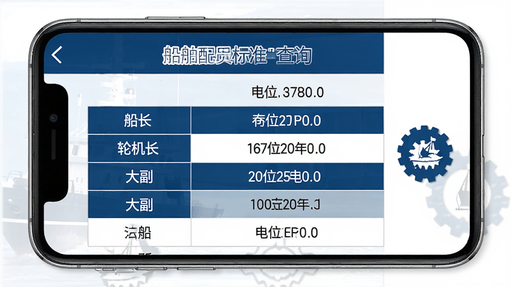 手机界面显示船舶配员标准查询表格,表格中有船长、轮机长、大副等职务名称与对应吨位条件,旁边有渔船与齿轮图标装饰,深蓝与白色配色,商务简洁风格,布局清晰,细节到位,画质干净,无多余元素