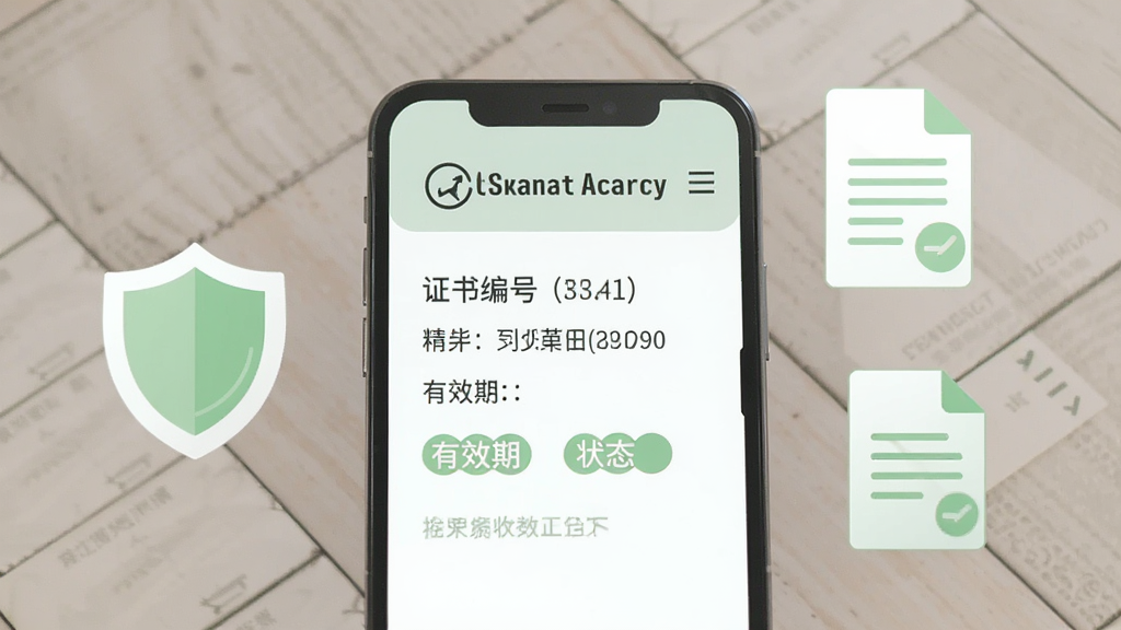 一部手机屏幕显示证书查询结果页面,包含证书编号、有效期与状态标签,屏幕外有盾牌与文件图标环绕,浅绿色与白色搭配,清新扁平风格,主体突出,排版整齐,画质干净,无多余元素