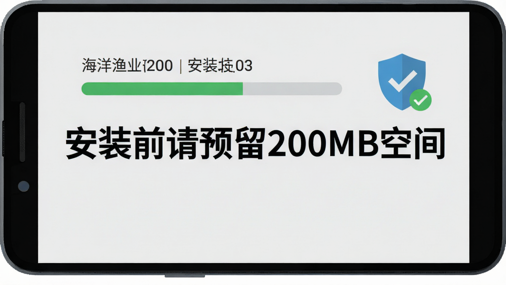 一部安卓手机屏幕显示船载海洋渔业系统的安装进度条,旁边有盾牌图标与勾选标记,背景为浅灰色,画面中央有醒目的提示文字“安装前请预留200MB空间”,扁平化风格,布局简洁,画质干净,无多余元素