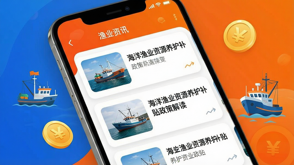 手机界面展示渔业资讯列表,每条资讯配有缩略图与标题,其中一条标题为海洋渔业资源养护补贴政策解读,背景有渔船与金币图标点缀,橙蓝撞色搭配,现代卡片式布局,画质干净,无多余元素