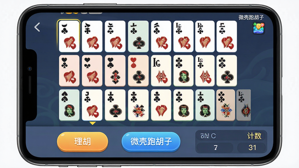 画面主体为手机屏幕特写,界面展示跑胡子手牌自动整理功能,牌面排列整齐、颜色分区明确,布局为手机居中、界面元素层次分明,排版突出牌面与操作按钮,风格为清爽休闲游戏UI,细节包含选牌高亮、理牌按钮与计分栏,画质高清、干净、无多余元素,画面中可出现“微壳跑胡子”字样