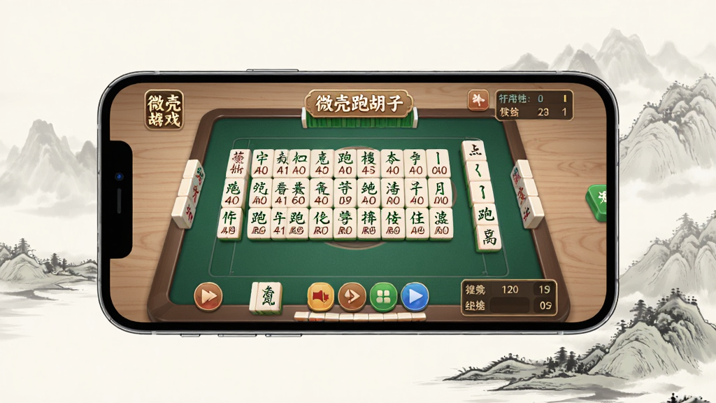 画面主体为一款手机横屏展示字牌棋牌游戏界面,屏幕中央排列着整齐的跑胡子字牌,牌面字样清晰,背景为柔和的中式木质桌面纹理,周围点缀淡雅的山水墨色元素,布局上手机居中、左右留白均衡,排版简洁大方,风格为现代国风休闲游戏视觉,细节包含牌桌、牌堆、操作按钮与计分区域,画质高清、干净、无多余元素,画面中可出现“微壳跑胡子”字样