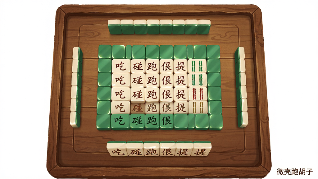 画面主体为一张中式牌桌俯视图,桌面上整齐摆放着跑胡子字牌,牌面分别呈现“吃”“碰”“跑”“偎”“提”等字样标识,布局为牌桌居中、四周留白,排版清晰有序,风格为国风棋牌插画,细节包含木质桌面纹理、柔和光影与牌面高光,画质高清、干净、无多余元素,画面角落可出现“微壳跑胡子”字样