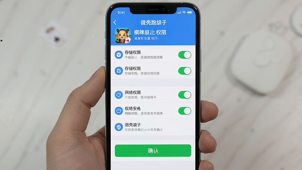 画面主体为手机屏幕展示棋牌游戏安装与权限设置界面,界面中包含存储权限、网络权限等开关选项,布局为手机居中、设置项纵向排列,排版清晰易读,风格为简洁系统设置视觉,细节包含权限图标、提示文字与确认按钮,画质高清、干净、无多余元素,画面中可出现“微壳跑胡子”字样