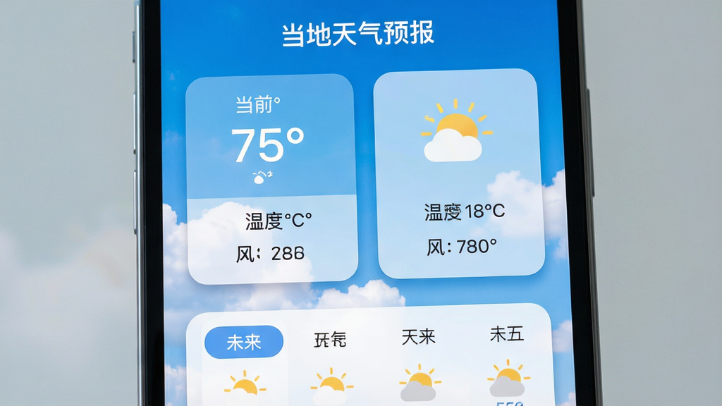 һ���ֻ���Ļչʾ����Ӧ���������ͼƬ������������������������Ʊ�������Ļ�����������ŵ�ǰ�¶����֡�����ͼ�ꡢʪ�ȷ��������ݿ�Ƭ���·���δ�������������Ƶĺ����б������岼�ּ�����򣬷�������ִ���ϸ�ڰ���Բ�ǿ�Ƭ�������Ӱ�����ʸɾ��������޶���Ԫ�أ���Ļ�Ϸ���ʾ���֡���������Ԥ����