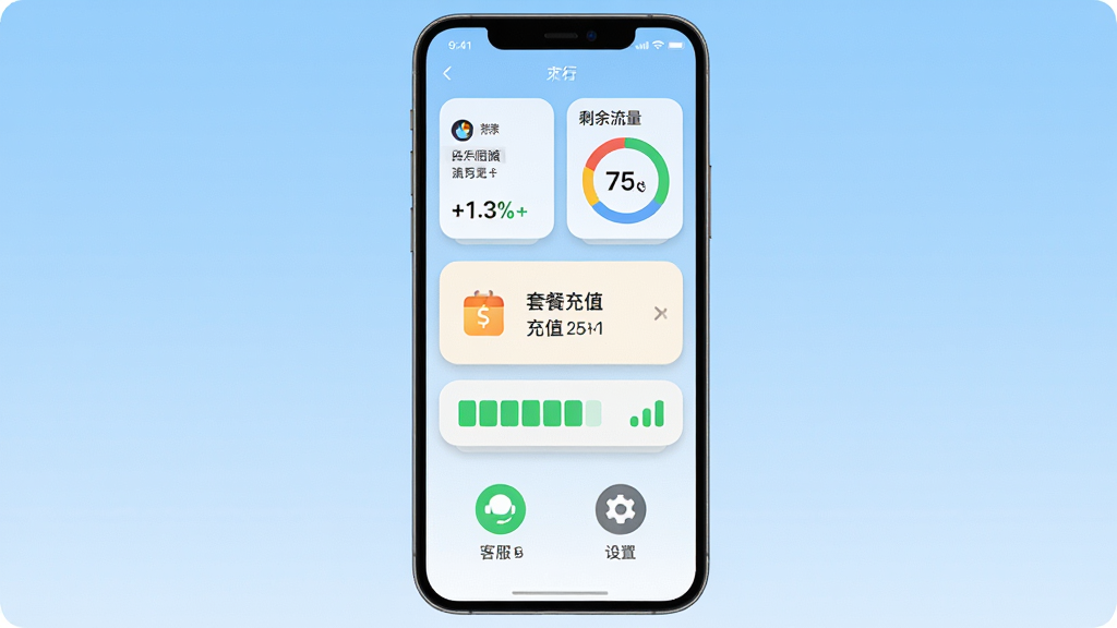 һ�������ֻ���Ļ������ʾ����App�����棬�Ϸ����豸����״̬��Ƭ��ʣ����������ͼ���в����ײͳ�ֵ��ں��ź�ǿ��ָʾ�����·��ǿͷ�������ͼ�ꡣ����Ϊǳ�����䣬���岼�־��ж��룬���ñ�ƽ��UI���ϸ�ڰ���Բ�ǿ�Ƭ��΢ͶӰ�����������ֱ�ǩ�����ʸɾ��������޶���Ԫ��