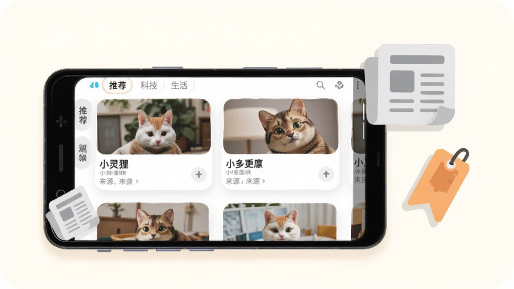 ����������һ����ŵİ�׿�ֻ�����Ļ��ʾ��С���ꡱ����Ѷ�ۺ�ҳ�棬ҳ��Ϊ˫�п�Ƭ����ÿ�ſ�Ƭ�������⡢����ͼ����Դ��ǩ�������С��Ƽ������Ƽ������������Ȥ��ǩ�����ֻ��Ա�Ư���ű�ֽ����ǩ�ı�ƽͼ�ꣻ�Ű�Ϊ�ֻ�����ƫ��ͼ��λ���Ҳࣻ���Ϊ�����Ķ���廭��ϸ���Ͽ�ƬԲ����ͣ�����Ϊ�װ�ɫ�����������ɾ������������֡�