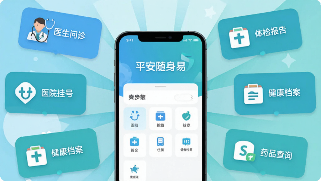 ��������Ϊ��ƽ�������ס�Ӧ����ҳ���棬���ܻ��ƶ������ģ��ͼ�꣬����ҽ�����ҽԺ�Һš���챨�桢����������ҩƷ��ѯ�ȣ�ͼ���Կ�Ƭ��ʽ�������У����幹ͼ�ʷ���״���֣�����ɫ��Ϊ����������¼��ı�ƽ�廭��ϸ�����������ʸɾ���������װ��Ԫ��