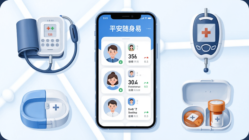 ��������Ϊ��ƽ�������ס���ͥ�����������棬�ֻ���Ļ��ʾ��λ��ͥ��Աͷ���뽡�����ݿ�Ƭ����Ļ����Ѫѹ�ơ�Ѫ���ǡ�ҩ�еȽ�������豸���ƣ��������ֻ�Ϊ���ģ�����Ԫ�ضԳƷֲ������Ϊ��ˬ��ҽ�ƽ�������廭��������ɫ��ϸ�ڸɾ��������������޶���װ��