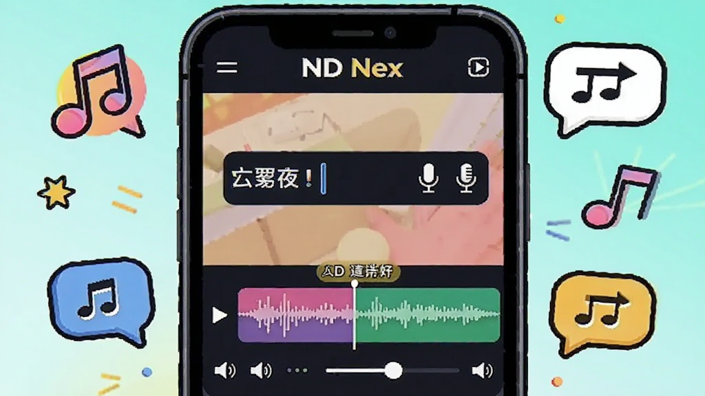 ������չʾһ���ֻ���Ļ����Ļ��Ϊ��Ƶ�༭���棬������������Ļ���������Ƶ���ι������Ļ�Ϸ���ʾ��ND Nex����������Χ��������ͼ������������ͼ�꣬����Ϊ�ֻ����С�Ԫ�ػ���ʽ��ͼ�����Ϊ������õĲ廭�磬ϸ�ڰ�����ɫ��Ļ������˷�ͼ�ꡢ�������飬���������������ұ���