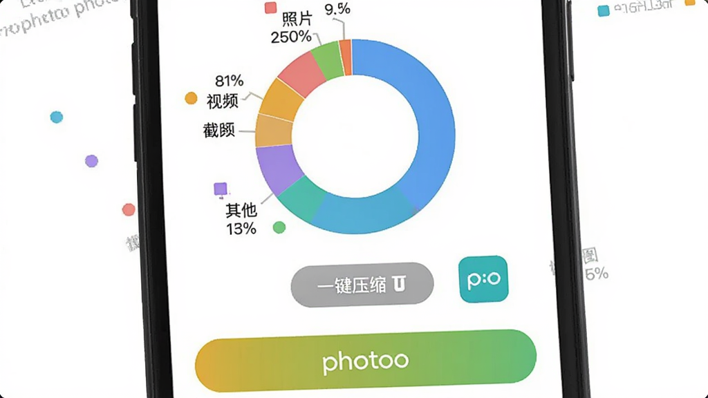 �ֻ���Ļչʾ photoo �洢����ҳ�棬������һ�����δ洢ռ��ͼ������Χ��ע����Ƭ������Ƶ������ͼ�����������ȷ���ռ�ȣ�ͼ���·��С�һ��ѹ������ť�� photoo ͼ�꣬����Ϊ���л���ͼ�ӵײ���ť�����Ϊ���ݿ��ӻ��廭��ϸ�ڰ����ٷֱ����ֺͲ�ɫͼ�������ʸɾ��������޶���Ԫ��