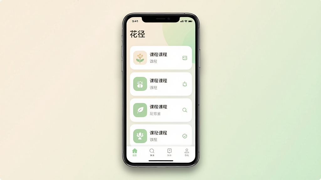 一款名为“花径”的手机应用主界面展示,画面中央放置一部竖屏智能手机,屏幕内呈现简洁的课程列表与底部导航栏,整体布局居中对称,背景为浅米色与淡绿色渐变的柔和色调,风格清新简约,细节上手机边缘有轻微阴影、屏幕内图标圆润、文字清晰,画质高清,画面干净,无多余元素