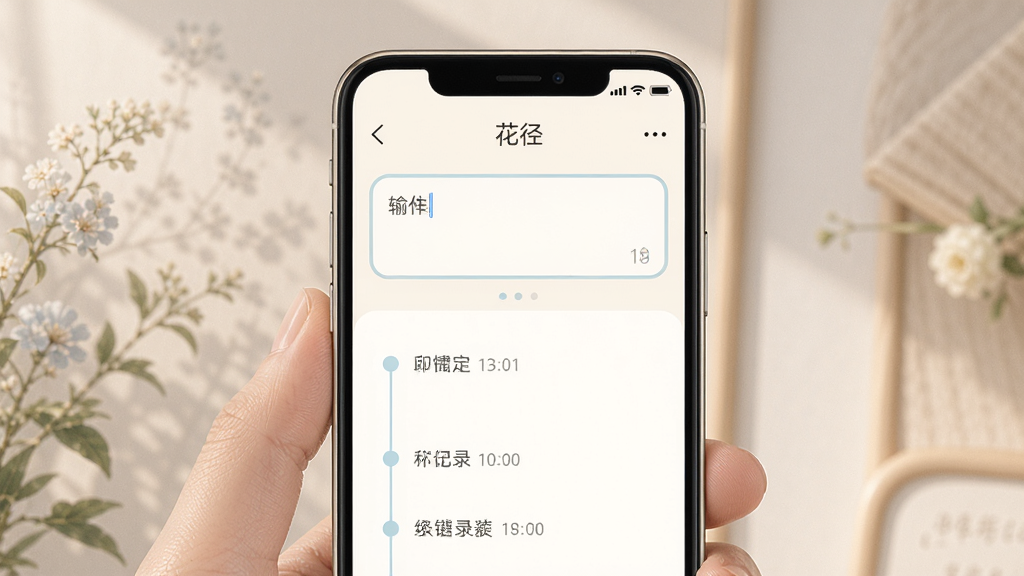 一款名为“花径”的应用练习记录界面展示,主体为手机屏幕内呈现文本输入框与历史记录时间线,布局为上下分区、上方为输入区域下方为记录列表,风格柔和温暖,细节上输入框带有浅色边框、时间线节点为小圆点、整体配色以米白与淡蓝为主,画质高清,画面干净,无多余元素