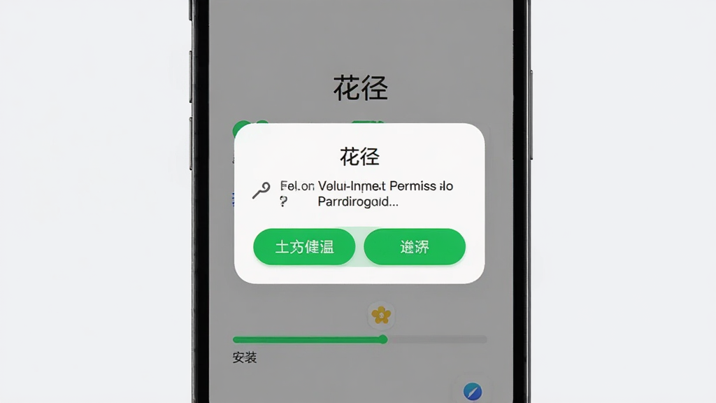 一款名为“花径”的应用安装引导页面展示,主体为手机屏幕内呈现权限请求弹窗与安装进度条,布局为居中弹窗结构,风格简洁实用,细节上弹窗带有圆角、按钮为绿色高亮、背景为浅灰,画质高清,画面干净,无多余元素