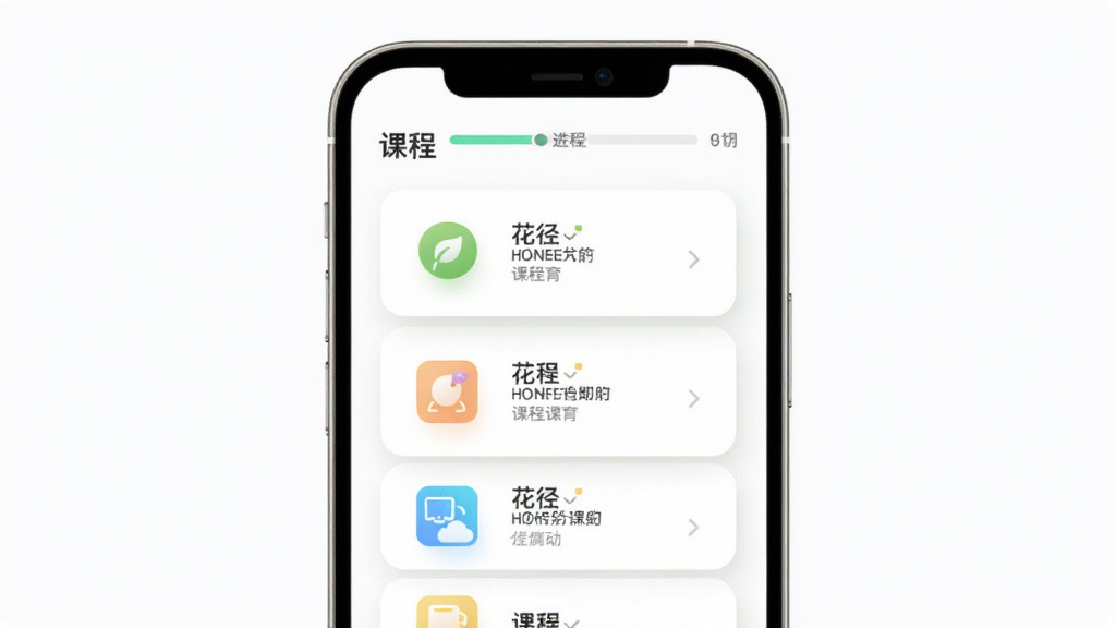 一款名为“花径”的应用课程页面展示,主体为手机屏幕内呈现分层级的课程卡片纵向排列,布局为上下结构、顶部有进度条,风格清新教育风,细节上卡片带有柔和圆角与浅色阴影、每张卡片配有简洁图标,画质高清,画面干净,无多余元素
