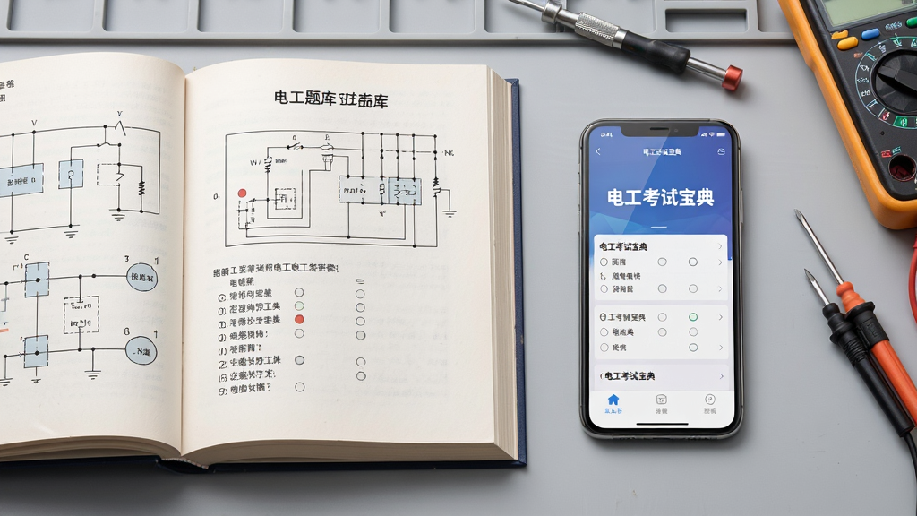 画面主体为一本翻开的电工题库书籍与一部智能手机并排摆放,书籍页面显示电路图与选择题,手机屏幕呈现“电工考试宝典”应用界面;布局采用左右对称构图,书籍在左、手机在右,背景为浅灰色工作台面;风格为写实产品摄影风,光线柔和均匀;细节包括书籍纸张纹理、手机屏幕高光、旁边散落的螺丝刀与万用表笔;画质清晰,干净整洁,无多余元素。