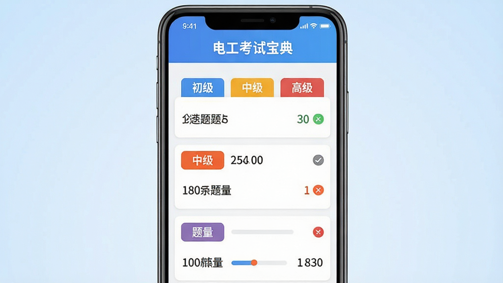 画面主体为一部竖屏手机,屏幕内显示“电工考试宝典”题库分类列表,包含初级、中级、高级三个层级标签,每个标签下显示题目数量;布局为手机居中,背景为淡蓝色渐变;风格为扁平化UI展示风,界面元素清晰;细节包括进度条、对错图标、题量数字;画质干净,无杂乱装饰。