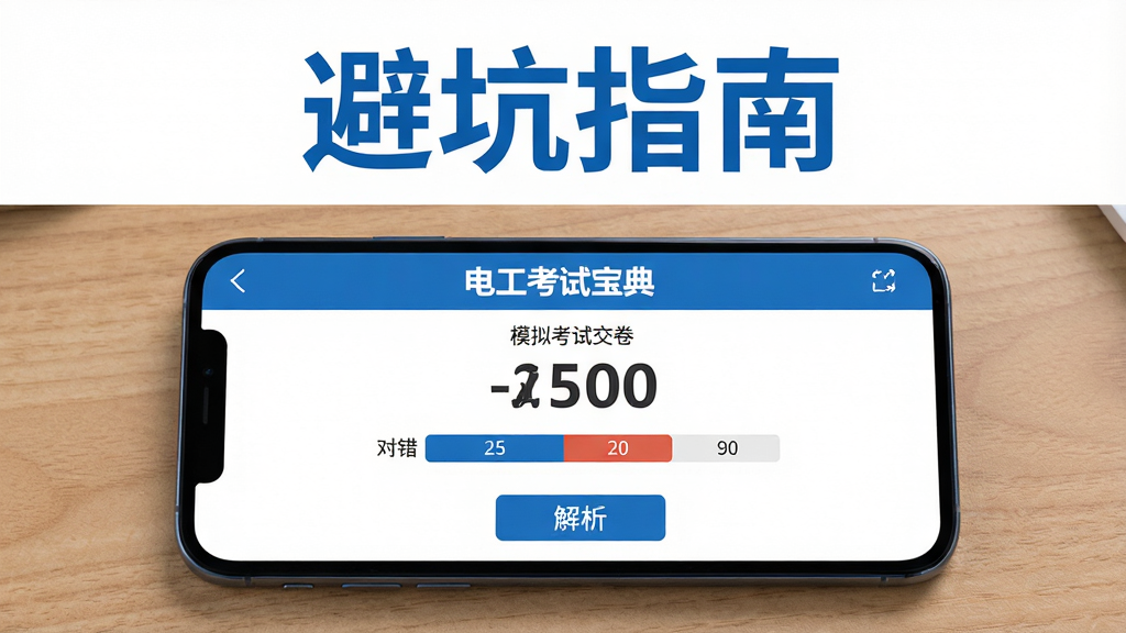 画面主体为一部手机横屏放置在桌面上,屏幕显示“电工考试宝典”模拟考试交卷后的成绩页面,分数醒目;布局为手机居中偏下,上方留白放置“避坑指南”四个字;风格为简洁信息图风,配色以蓝白为主;细节包括分数数字、对错统计条、解析按钮;画质清晰,干净无杂乱。