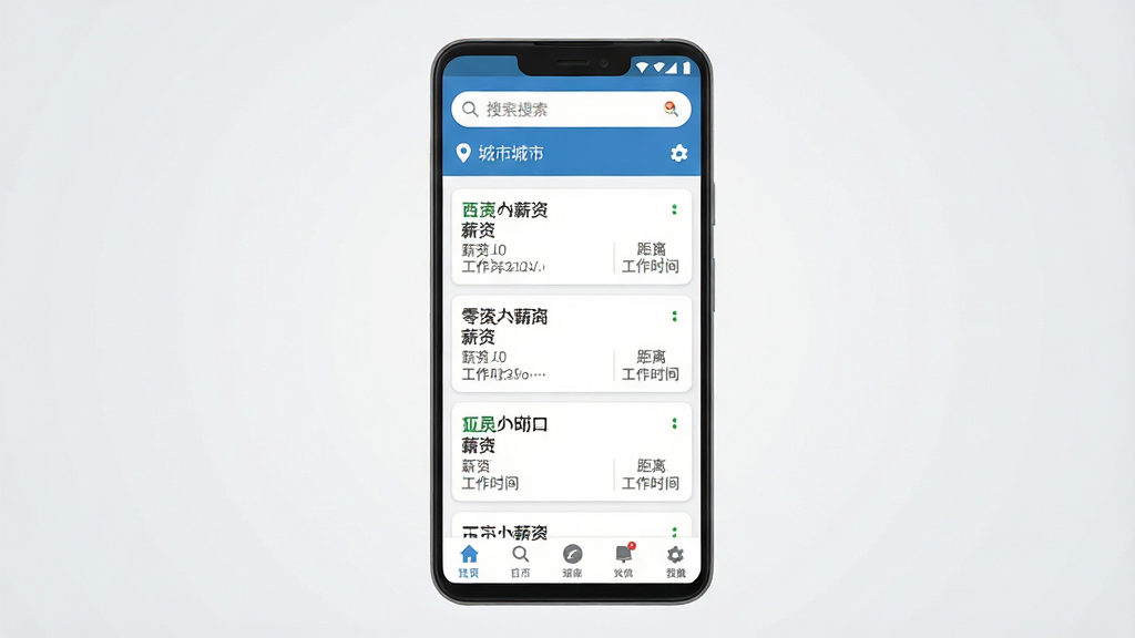 һ���ֻ�Ӧ�ý���չʾͼ������������һ��������׿�ֻ����ֻ���Ļ����ʾ�㹤�ս���������ҳ��ҳ�涥����������ͳ��ж�λ���в�Ϊ��λ��Ƭ�б���ÿ�ſ�Ƭ������λ���ơ�н�ʡ�����͹���ʱ�䣬�ײ�Ϊ������������Ϊ����ǳ��ɫ���䣬������ɾ���ˬ����ƽ����ƣ����������������޶���װ��Ԫ�ء�
