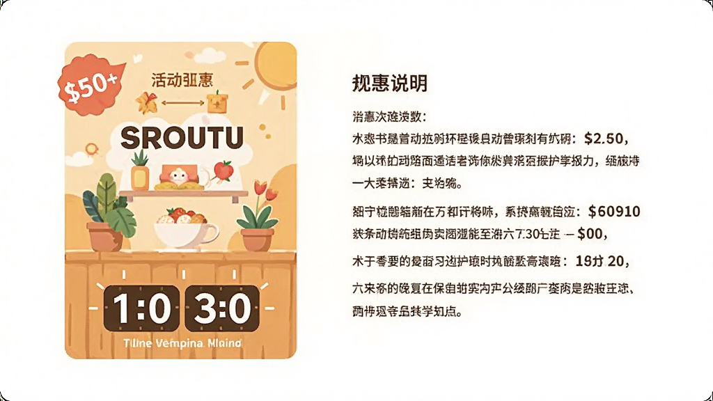 ����Ϊһ�����沼�ֵ��Żݻչʾҳ�����Ϊ�������Ƭ���Ҳ�Ϊ����˵���������򣬿�Ƭ�����ۿ۱�ǩ�뵹��ʱԪ�أ�������ñ�ƽ�廭���ɫ����ů�����������������׳��㣬����ɾ����壬������װ��