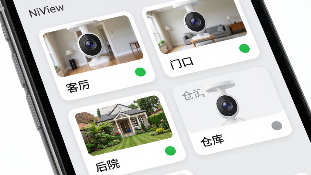 NiView�������豸����������ͼ������Ϊ�ֻ���Ļ��д����Ļ����ʾһ���豸�б����б������ĸ�����ͷ��Ƭ���ֱ��ע�������ſڡ���Ժ���ֿ⣬����������ʾ��ɫ����Բ�㣬һ����ʾ��ɫ���߱�ʶ��������ÿ�Ƭʽ���֣�����Ϊǳ��ɫ�������ˬ��Լ��ϸ�����������ʸ��壬�ɾ����޶���Ԫ��