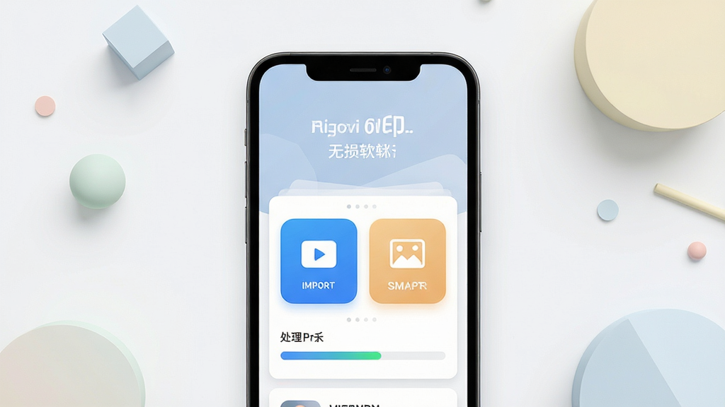 画面中央放置一部智能手机,手机屏幕内展示去水印免费无损软件的主界面,界面中包含视频导入按钮、图片导入按钮与处理进度条,手机周围以简洁的浅色几何图形点缀,背景为干净的浅灰白色,整体风格清爽现代,细节上突出软件图标的辨识度与操作区域的层次感,画质清晰锐利,构图居中平衡,无多余装饰元素